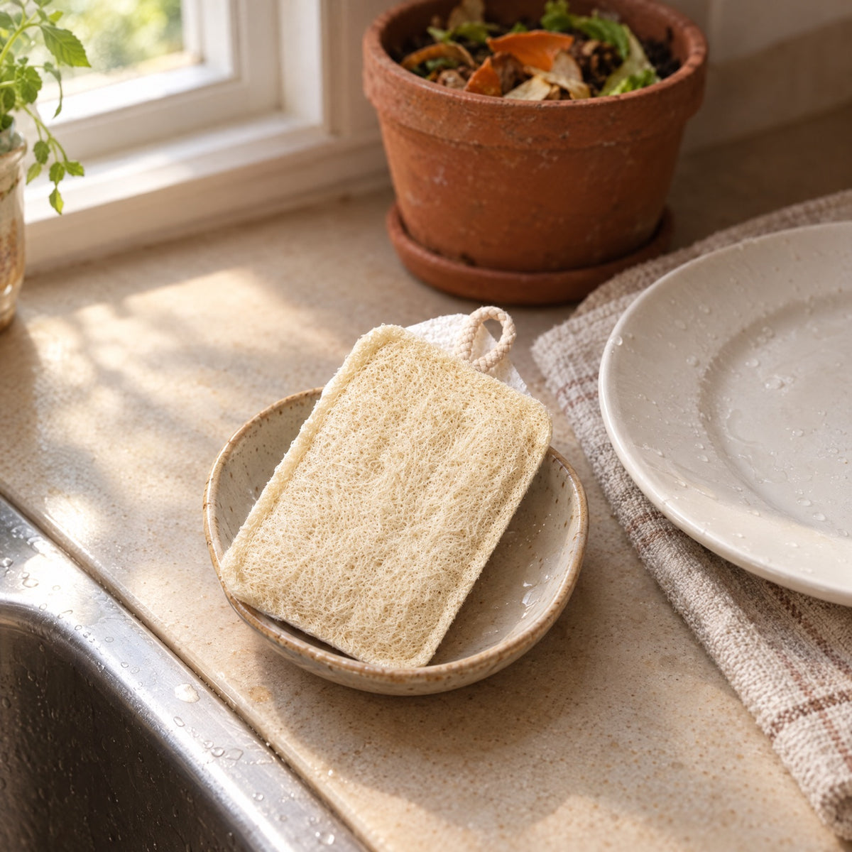 The sponge resting in a small dish beside a washed plate, with a terracotta compost pot on the kitchen counter behind
