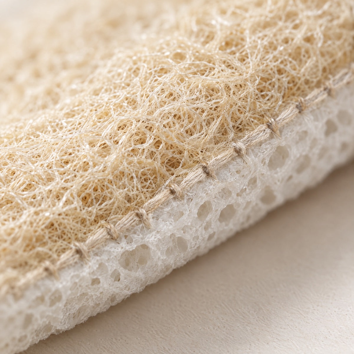Close-up of the sponge's edge showing cotton stitches joining the loofah scrub layer to the white wood pulp cellulose layer