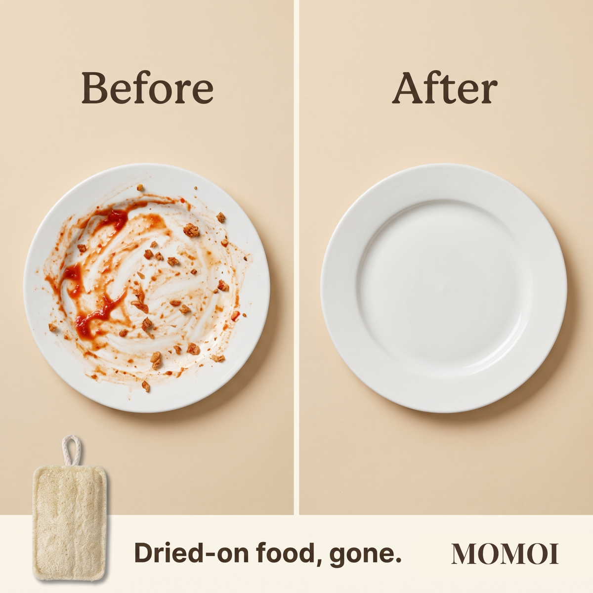Illustration of a plate with dried-on food beside the same plate cleaned, with the Momoi sponge below