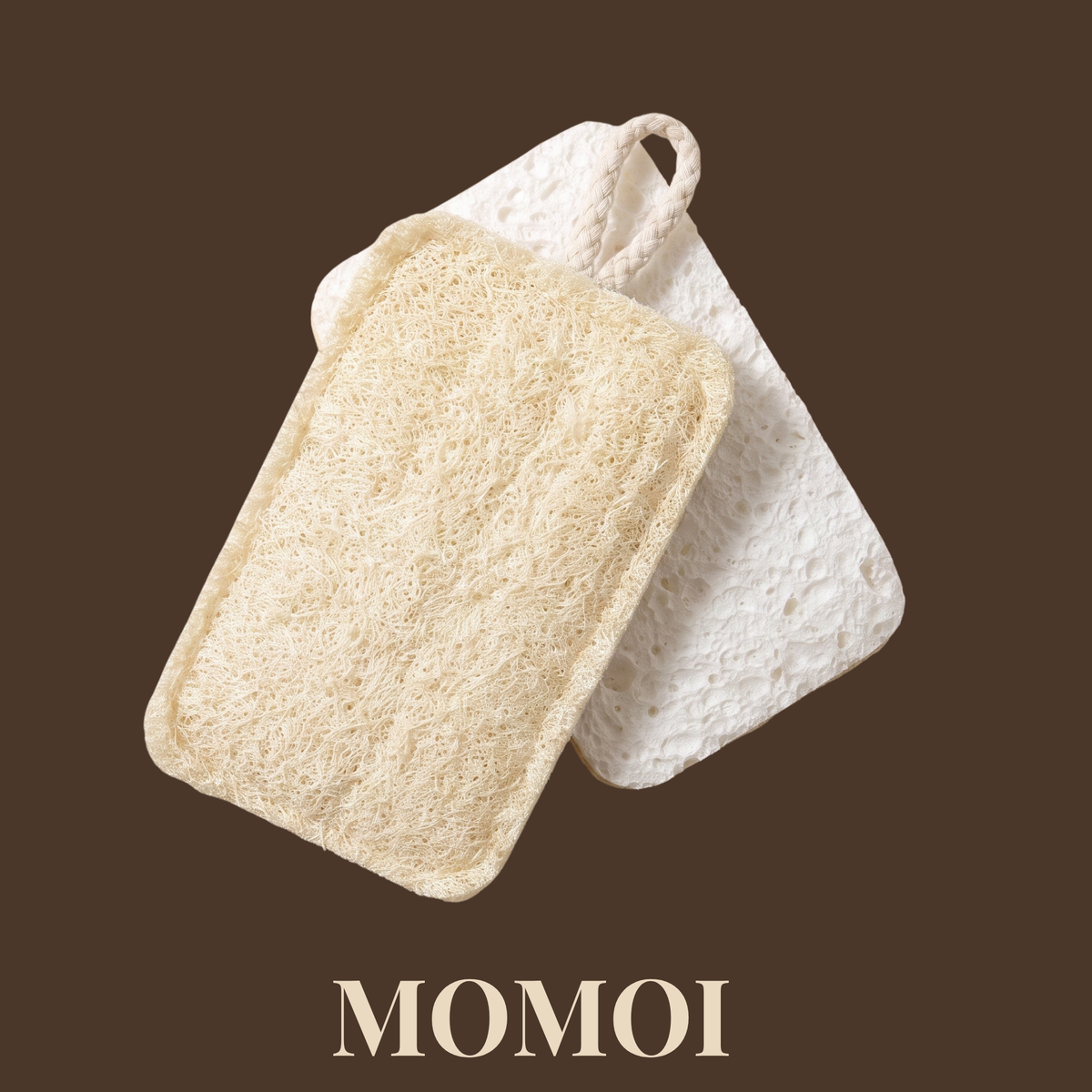 Momoi dish sponge shown from both sides — natural loofah scrub side and white wood pulp cellulose side — with a braided cotton hanging loop