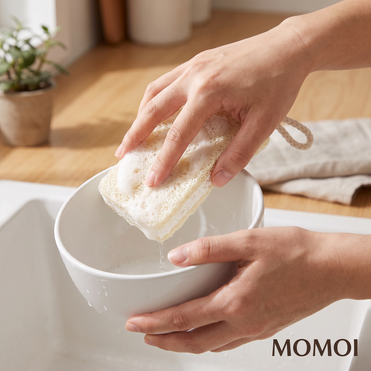 Hands washing a white ceramic bowl at the sink with a lathered Momoi loofah sponge