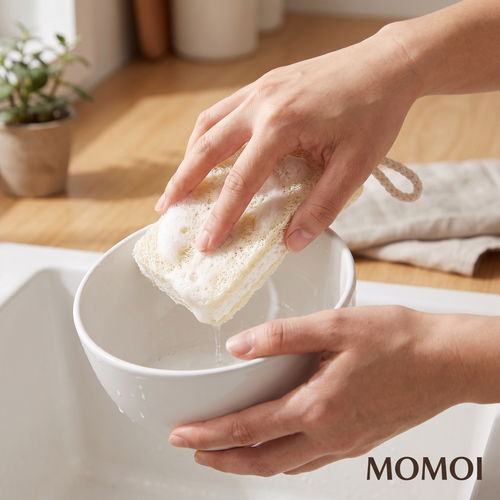 Hands washing a white ceramic bowl at the sink with a lathered Momoi loofah sponge