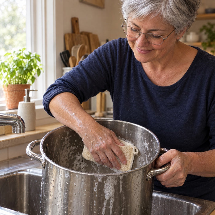 A woman washing a large stainless steel stockpot at her kitchen sink with the Momoi loofah dish sponge