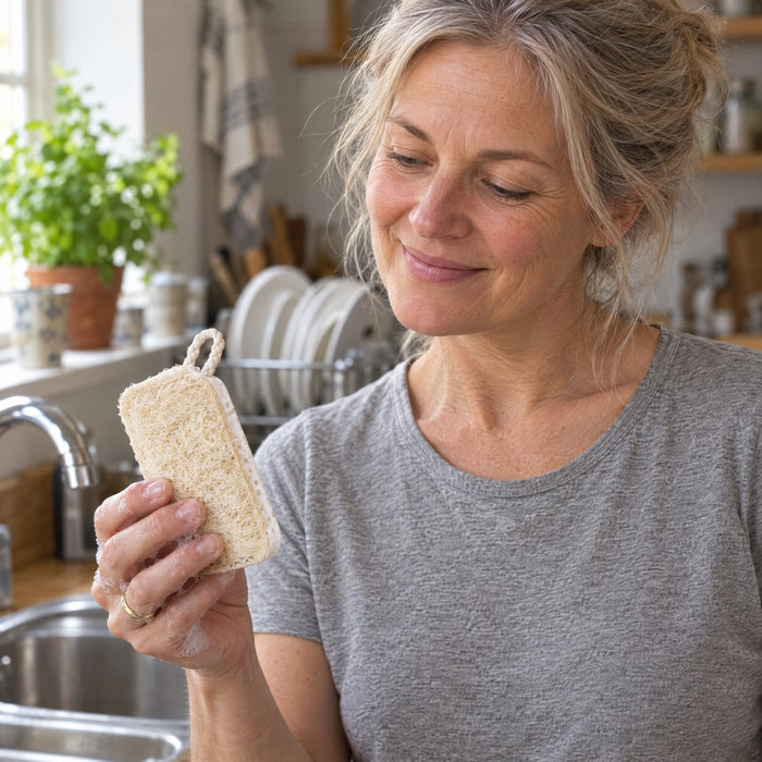 A woman at her kitchen sink holding up the Momoi loofah dish sponge, its loofah face and white wood pulp cellulose backing both visible